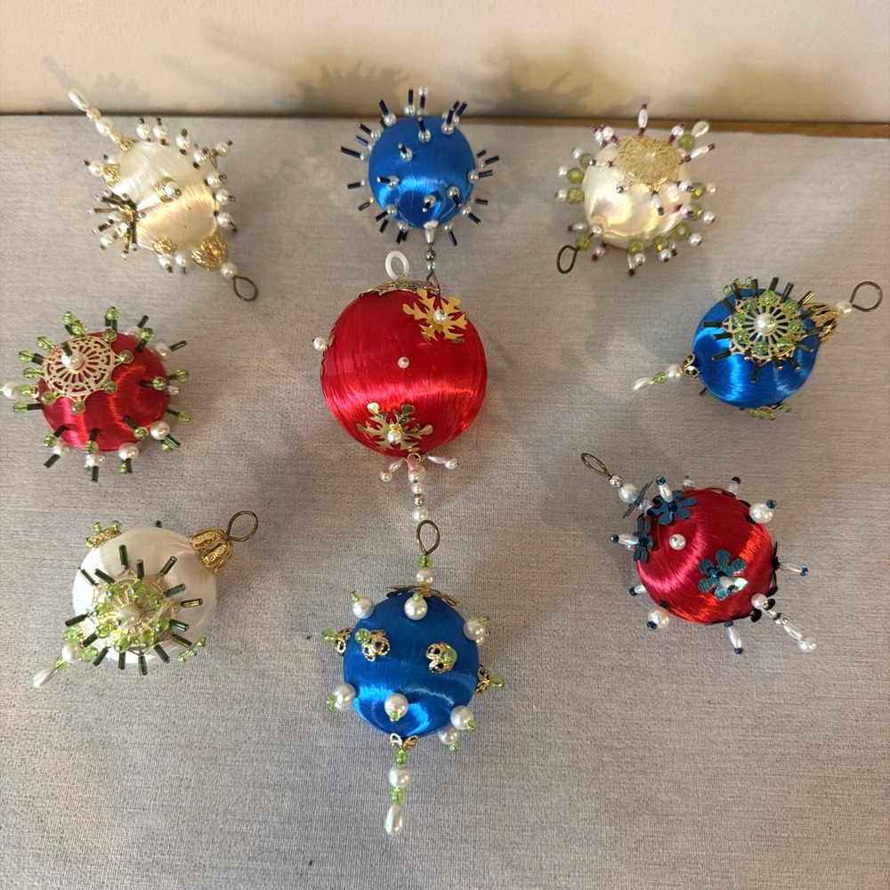 Vintage Lot of 9 Beautifully Handcrafted Beaded Embellished Pushpin Ornaments
